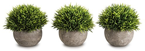OPPS NEW06 Mini Plastic Artificial Plants Fake Green Grass Flower Topiary Shrubs with Grey Pot for Home Decor NEW06 - Pack of 3 Green Grass