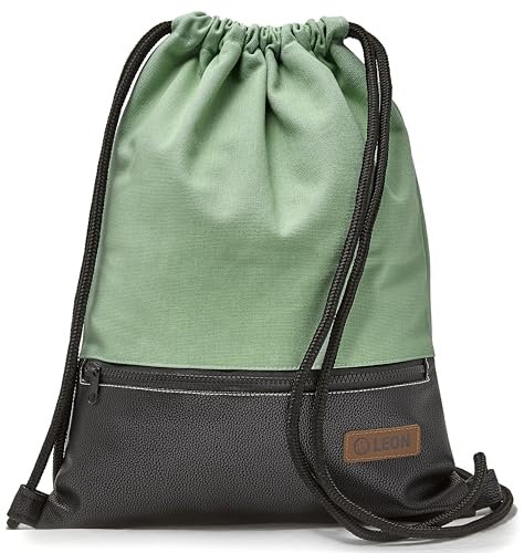 By Bers LEON Turnbeutel, große Reißverschluss Außentasche, Innentaschen Innenfutter Rucksack Tasche Damen Männer Hipster Beutel Veganes Leder Gym Bag Draw String (Mint_Schwarz_PU)