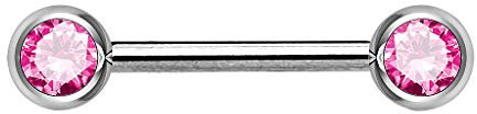 Piersando Brustwarzen Piercing Intimpiercing Nippelpiercing Brust Nippel Intim Barbell mit Hantel Doppel Front Kristall Kugel 1,6mm x 14mm x 5mm Silber Pink