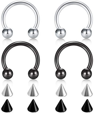 D.Bella 20G Chirurgenstahl Nase Septum Hufeisen Augenbraue Lippe Bauchnabel Piercing 10mm Helix Tragus Daith Rook Ohrringe mit Ersatz Spikes Silber und Schwarz