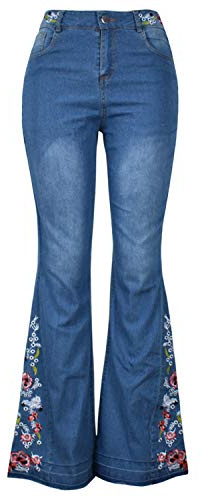 Jeans da donna a forma svasata lavati lunghi pantaloni in denim con ricamo floreale fondo a campana