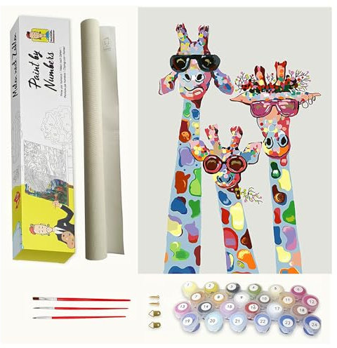 DonElton Pintar por Números para adultos Animales - 40x50 cm Kits de pintura con Pinceles, colores acrílicos y lienzo de lino, Sin marco - Regalo creativo (Familia de Jirafas)