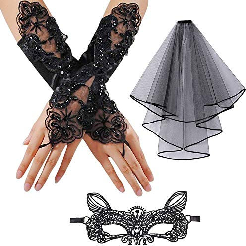Lifreer Day of The Dead Halloween-Kostümset enthält 1 Paar Lange Fingerschlaufen-Handschuhe, schwarzen Schleier, Spitzenmaske