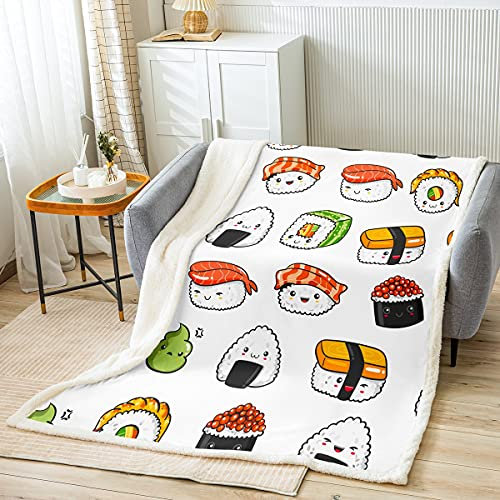 Sushi-Muster Decke Kuscheldecke im japanischen Stil für Kinder Jungen Mädchen Mädchen Essen Thema Wohndecke Niedliche Karikatur Japanische Sushi Flanell Fleecedecke Raumdekor Decke 150x200cm