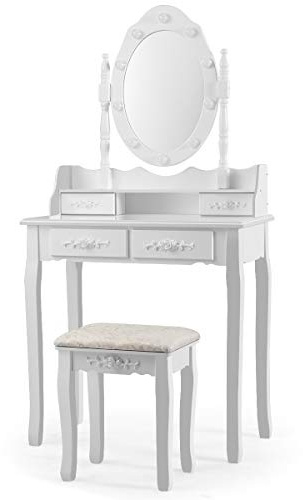 GIANTEX Schminktisch mit Hocker, 360° schwenkbarer Spiegel mit 10 dimmbaren LEDs, Make-up Tisch Kosmetiktisch mit 4 Schubladen, beweglicher Oberteil, Frisiertisch Set Frisierkommode Holz (weiß)