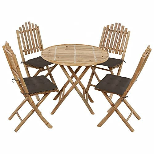 Festnight 5-TLG. Garten-Essgruppe mit Taupe Kissen Bambus-Essgruppe Klappbar Bambus Gartenset Tisch und Stühle Bambus Tisch Gartengarnitur Set