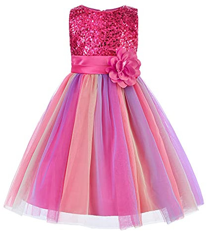 JerrisApparel Robe Fleur Filles Princesse Arc-en-Ciel Paillette Mariage Fête (5 Ans, Rose Vif)