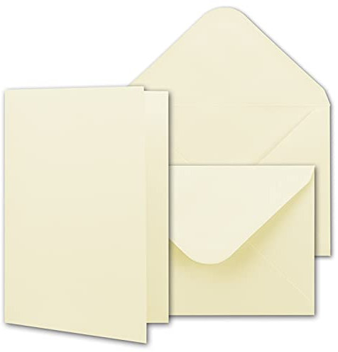 NEUSER PAPIER Set di 25 biglietti pieghevoli con buste DIN A6/C6, in crema vaniglia, con scatola regalo, biglietti di invito bianchi, 10,5 x 14,8 cm, set di biglietti per bricolage