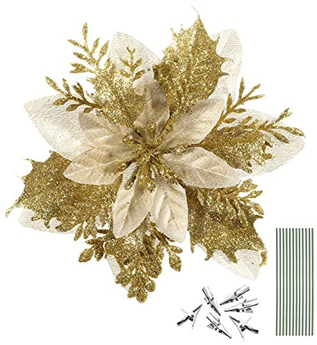 Tomaibaby 12Pcs Weihnachtsglitter Weihnachtsstern Blumen, Weihnachtsbaum Blumenschmuck Künstliche Blumen mit Stielen und Clips für Hochzeitsfest Kranz (Golden)