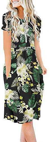 DB MOON Women Summer Casual Short Sleeve Dresses Empire Waist Dress with Pockets, Green Leaf Lily, XL