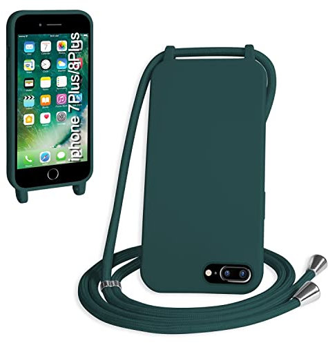 SLWYF Compatible with iPhone 6 Plus/iPhone 7/8 Plus Crossbody Lanyard Case, Liquid Silicone Protective Phone Case with Strap Adjustable Neck Cord Necklace Soft Cover for iPhone 6/7/8 Plus, Dark green
