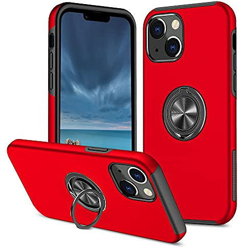 EYZUTAK Coque pour iPhone 14, rotation à 360 degrés, anneau magnétique en métal, support intérieur en silicone avec protection de l'appareil photo, coque rigide brillante anti-chute, rouge