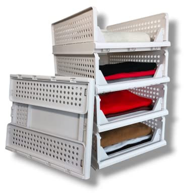 Blazonn set of 4 stackable foldable wardrobe organiser storage plastic box shelf divider separator for clothes wardrobe kids toys home office cupboard kitchen off- white colour small (43x32x14)