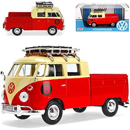 Motormax Volkwagen T1 Pritsche mit Dachträger Rot Samba Bully Bus 1950-1967 1/24 Modell Auto mit individiuellem Wunschkennzeichen