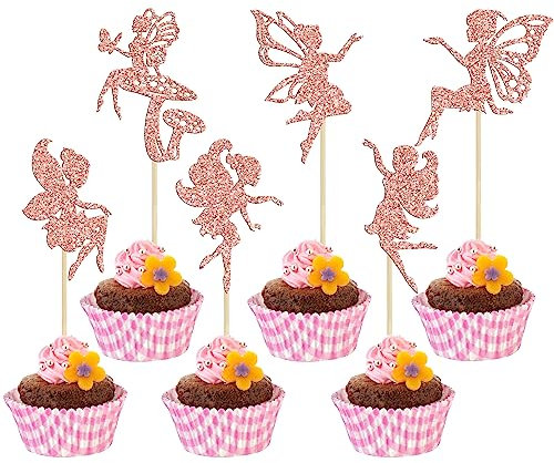 Gyufise 24Pcs Fairy Cupcake Toppers Glitter Flower Angel Fairy Ballet Dancer Cupcake Picks for Wedding Bridal Shower Baby Shower Birthday Party Cake Decorations Supplies Rose Gold