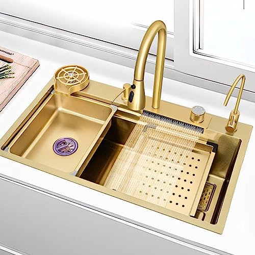 Goldene Küchenspüle Goldener Wasserfall-Wasserhahn Große Spüle Mit Gläserspüler Einzelbeckenspüle Edelstahlspüle Sämtliches Zubehör Inklusive (S : 68x45cm)