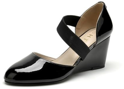 HTL Damen Keilabsatz Pumps, Schwarz Lack, 37 EU