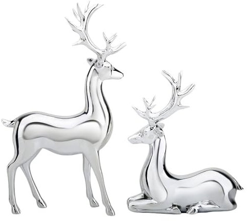 ESSECMBS 2PCS Reindeer Figurine Statue Silver Deer Sculpture Desktop Ornament Resin Elk Office Decoration Indoor Home Table Craft (Silver, 2Pcs)