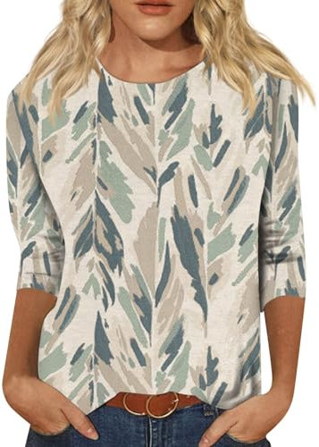 3/4 Sleeve Shirts for Women Three Quarter Sleeve Tops Pullover Trendy Round Neck Tees Blouses Plus Size Basic T Shirt 3/4 Sleeve Shirts for Women Loose Fit（Light Green,L）