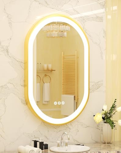 LUVODI Bathroom Mirror with LED Light: 500x800mm Oval Illuminated Wall Mirror with Aluminum Gold Frame Smart Touch Switch Memory Function Anti-fog 3 Changeable Lighting Color, IP56