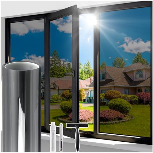 Windimiley Fensterfolie Sonnenschutz Spiegelfolie Fenster Sichtschutz, Blickdicht von Aussen Sonnenschutzfolie 90x200cm, Selbsthaftend UV-Schutz Hitzeschutz Wärmeschutzfolie für Büro Schwarz-Silber
