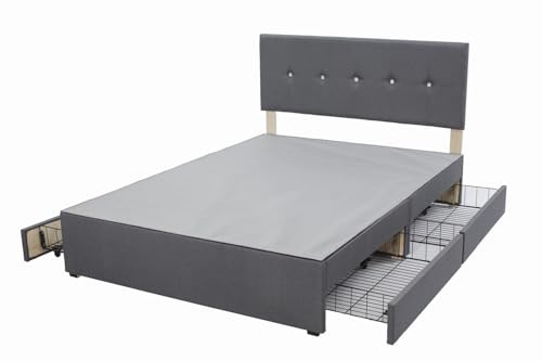 Panana Grey Divan Double Bed Linen Fabric Divan Bed Frame With/without Headboard Storage Drawers (with Crystals Headboard, 4 Drawers, 4FT Small Double)