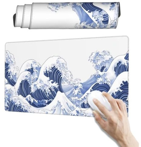 Tapis de Souris Blanc Tapis Souris XXL, 1600 x 800 mm, Grand Tapis de Souris Gamer sous Main Bureau Antidérapante Tapis Bureau, Mouse Pad Tapis de Souris pour Maison, Bureau, Vagues De L'Océan qw196