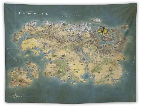 Tamriel ElderScrolls Karte von Skyrim coole Gaming-Dekor-Poster, coole Tapisserie, Kunstdrucke, Wandgemälde, Kunstwerke, Wandteppich, hängendes Bild, Geschenk, Schlafzimmer, Heimdekoration, 76,2 x