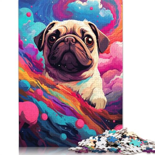 Puzzle für Erwachsene 1000 Teile Psychedelischer Mops Puzzle für Erwachsene Holzpuzzle Herausforderndes Spielpuzzle 75x50cm