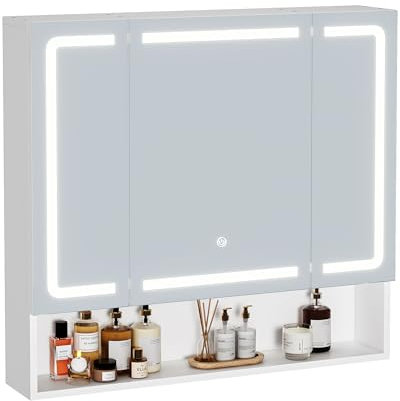 Spiegelschrank, Spiegelschrank Bad mit Beleuchtung und Steckdose, 3 Türen, Offenes Fach, Badezimmer Spiegelschrank mit Verstellbaren Ablagen, 3 Farbtemperatur Dimmbare, Berührung Sensorschalter, Weiß