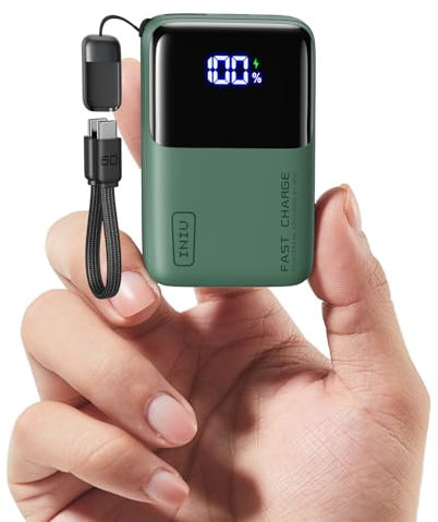 INIU Power Bank, 45W 10000 mAh Mini Chargeur Portable pour Ordinateur, Petit Batterie Externe Charge Rapide PD QC, Câble Solide USB-C in&Out, pour iPhone 16/15/14/13, Samsung, Google, iPad Vert