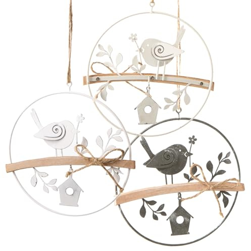 Frühlingsanhänger mit Vogel, 3 Stück: Metall-Dekoringe zum Aufhängen, Kleine Kränze Frühling & Ostern, Deko Anhänger-Set, Metallanhänger Frühlingsdeko, Osterdeko Fenster, Osteranhänger, Ø 13,5 cm