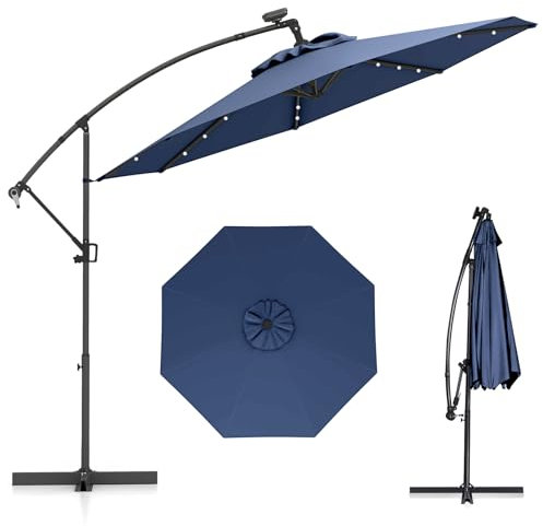 COSTWAY Sonnenschirm 300 cm, Ampelschirm mit 32 Solar-LED-Leuchten und Kurbel, Neigungswinkel verstellbar, Gartenschirm, Marktschirm, Terrassenschirm für Garten, Pool, Terrasse (Marine)