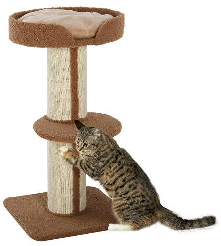 PawHut Arbre à Chat, Arbre à Grimper griffoir pour Chat, Tissu Bouclette, Centre d'activités avec 2 Plate-Formes, Poteau à griffer, Hauteur 91 cm, Marron Clair
