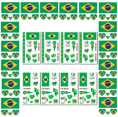 AhfuLife 24 Blätter Brasilien Nationalflagge Tattoo Aufkleber, Brasil Dekoration Temporäre Tattowierung Set Wasserdichter Gesichts Tattoos Sticker für National Fans Fußball WM Party Dekoration
