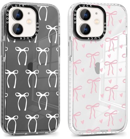 Yirlbey 2 Stück für iPhone 12 Pro / 12 6,1'' Hülle, Transparent Handyhülle mit Schleifen Herz Aesthetic Muster Design Mädchen Frauen Clear Case, Durchsichtig Dünn TPU Stoßfest Cover
