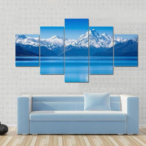 5 teiliges wandbild Der Pukaki-See 5 stück leinwand wandkunst,5 teilig leinwand wanddeko wohnzimmer,leinwanddruck 5 teilig bilder wohnzimmer modern groß mit rahmen,xxl 100x55cm