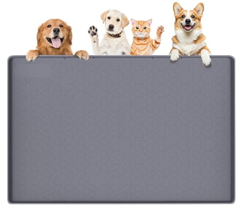 Bartuke Dog Food Mat, 34x22 Silicone Pet Feeding Mat with Raised Edges | Large Dog Mat for Food and Water Bowls, Non-Slip Rubber Pet Placemat for Dogs, Waterproof, Easy to Clean, 86x56cm, Dark Grey