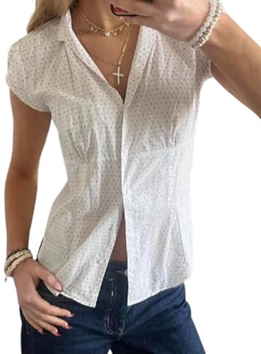 Yoisdtxc Women Button Down Shirts Ruched Slim Fit Solid Color Lapel Collar Short Sleeve Blouse Y2k Summer Shirt Tops