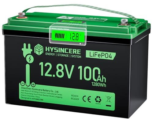 HYSINCERE 12V 100Ah LiFePO4 Lithium Batterie mit LED, Max.15000 Zyklen & 100A Intelligente BMS, 12 Volt Deep Cycle Akku 1280Wh Wiederaufladbare für Wohnmobil, Camping, Solar Home Systeme, Boote