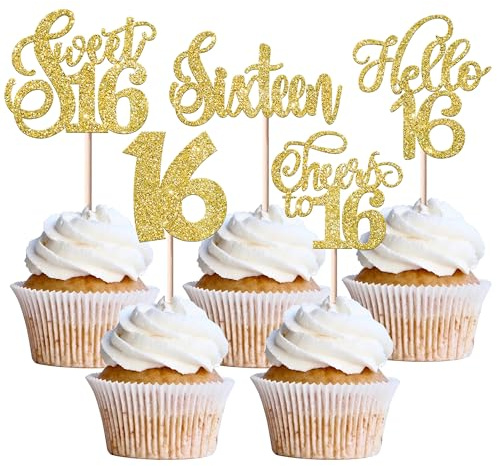 Xsstarmi 30 Packung Tortendeko Sweet 16 Geburtstag Mädchen Geburtstag 16 Jahre Mädchen Gold Hallo 16 Kuchen Deko Cheer to 16th Birthday Cupcake Toppers für 16. Geburtstagparty Kuchen Dekoration