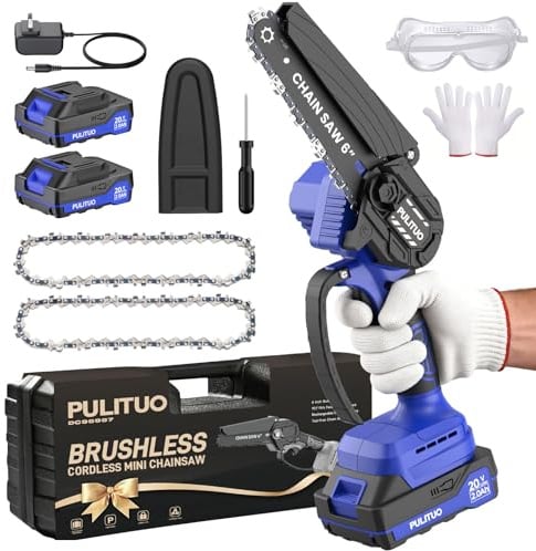 PULITUO 6-Inch Mini Chainsaw Cordless with 2 x 2000mAh Batteries, Brushless Motor Electric Chainsaw, Small Battery Chain Saw for Garden Pruning, Tree Trimming, Wood Cutting