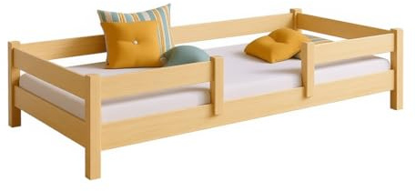 KOBI Kinderbett 120x60 cm, mit Geländer - Lofto Holzbodenbett aus natürlichem Kiefernholz
