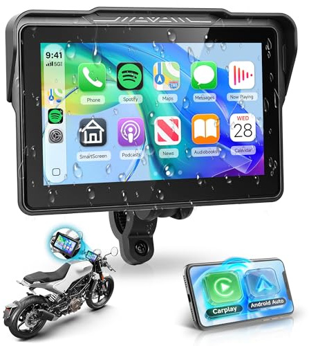 Rimoody 7 Zoll Carplay Bildschirm für Motorrad, Kabellos Carplay & Android Auto Display für Motorräder, Wireless CarPlay Autoradio für Krafträder, IP68 Wasserdichter, Bluetooth, Sprachsteuerung, GPS