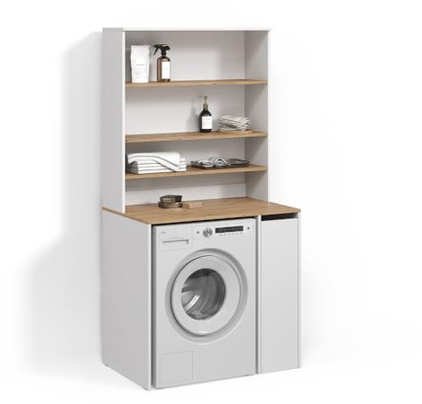 Livinity Waschmaschinenschrank Paolina, Weiß/Artisan, 93.6 x 88.2 cm | 2 Teile mit Schrank und RegalZusätzlicher Stauraum über dem Gerät zur Aufbewahrung von Reinigungsmitteln und Zubehör