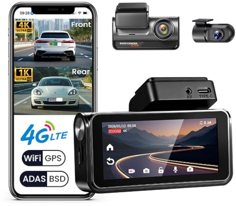 4G LTE 4K Car Dual lens Dash Cam, Front And Rear Camera,With ADAS BSD Car DVR,Support wifi APP Control,with GPS log track playback video Recorder, Night Vision,24Hrs Remote Monitor Live Streaming
