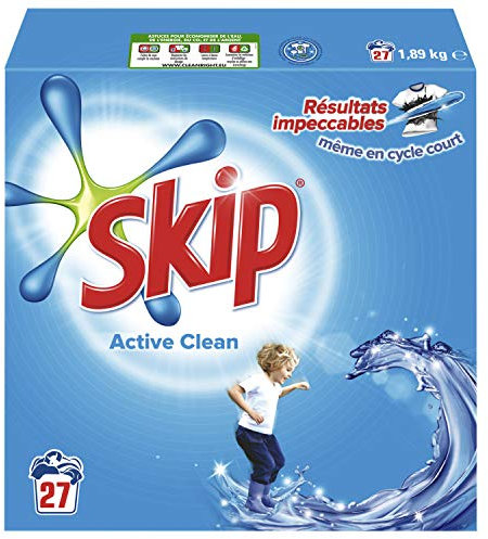 Skip Lessive Poudre Active Clean x27, Résultats Impeccables, Agents de Blanchiments, 27 Doses
