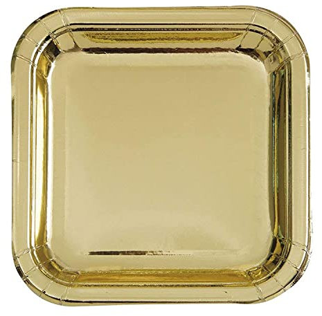 Unique Party 32334 - 18cm Foil Gold Square Paper Party Plates, Pack of 8