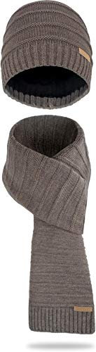 normani Winter Strick Mütze und Schal im Set für Damen und Herren - 2-teilig mit Fleecefutter Farbe Beige