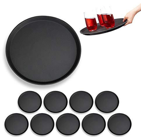 10 x Gastro Tablett, rutschfeste Oberfläche, hoher Rand, Kellnertablett für Café, Bar, Restaurant, Ø 35 cm, schwarz